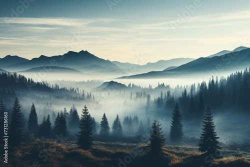 Misty morning in a forest with layered mountains in the background