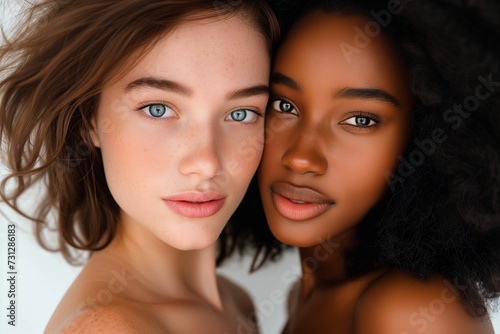 Studio close up portrait of young women with different skin colors, black, latina, white, beauty photography