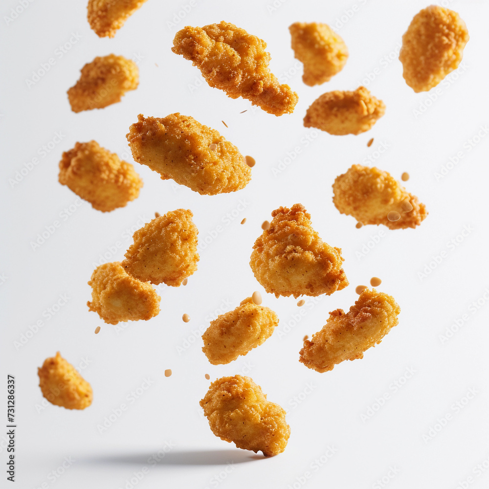 Fresh chicken nuggets floating in the air. Tasty and delicious.