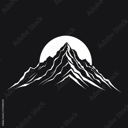 Monochrome illustration of a mountain silhouette with a large sun or moon backdrop, creating a striking contrast against a dark background.