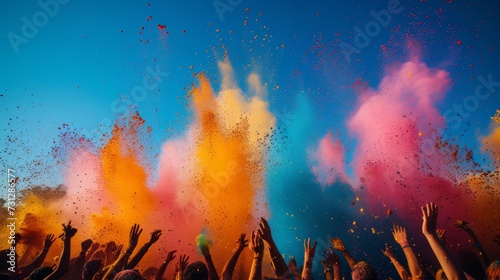 Vibrant images showcasing people throwing bright colored powders in the air during the Holi festival