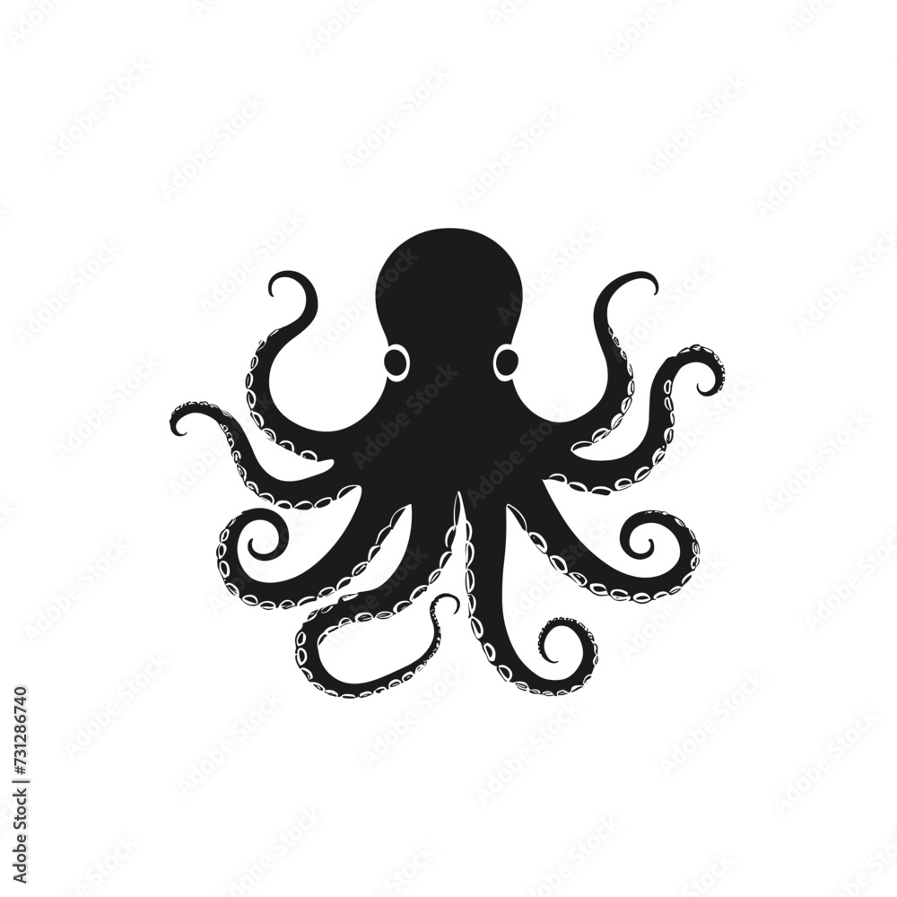 Silhouette of an octopus with curled tentacles on a stark white background, creating a striking contrast. Silhouette of an octopus with curled tentacles on a stark white background, creating a striking contrast.