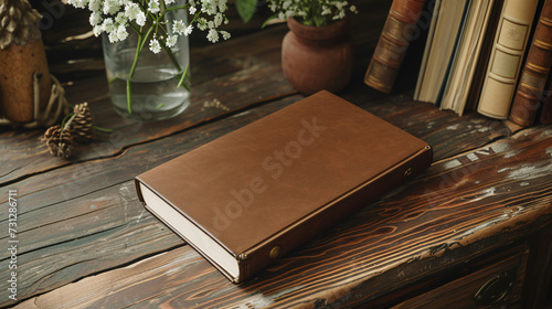 A deluxe hardcover journal, with its cover blank, is elegantly displayed on a vintage writing desk. This mockup beautifully showcases the journal's luxurious design, inviting users to imagin photo