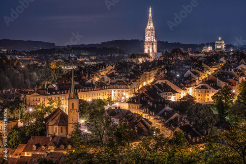 Scenic night panorama of Bern Old Town seen from Rose Garden viewpoint, Switzerland