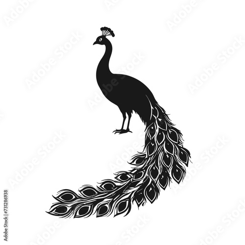 Elegant black and white silhouette of a peacock with a long, flowing tail, showcasing intricate feather details in a minimalist design.