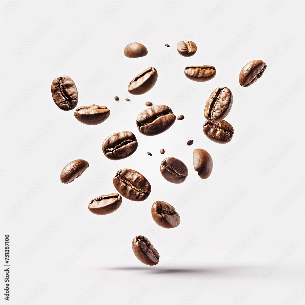 Fototapeta premium Coffee Beans floating in the air. Roasted, delight senses. On white background.