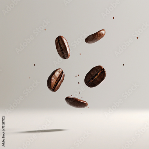 Coffee Beans floating in the air. Roasted, delight senses. On white background.