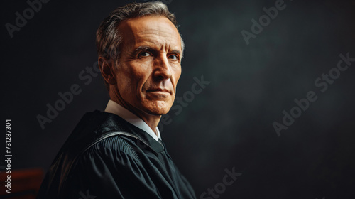 A dignified and commanding judge in his 50s exudes an aura of fairness and stern authority. His neatly combed hair and the traditional judi he wears enhance his distinguished appearance, cap