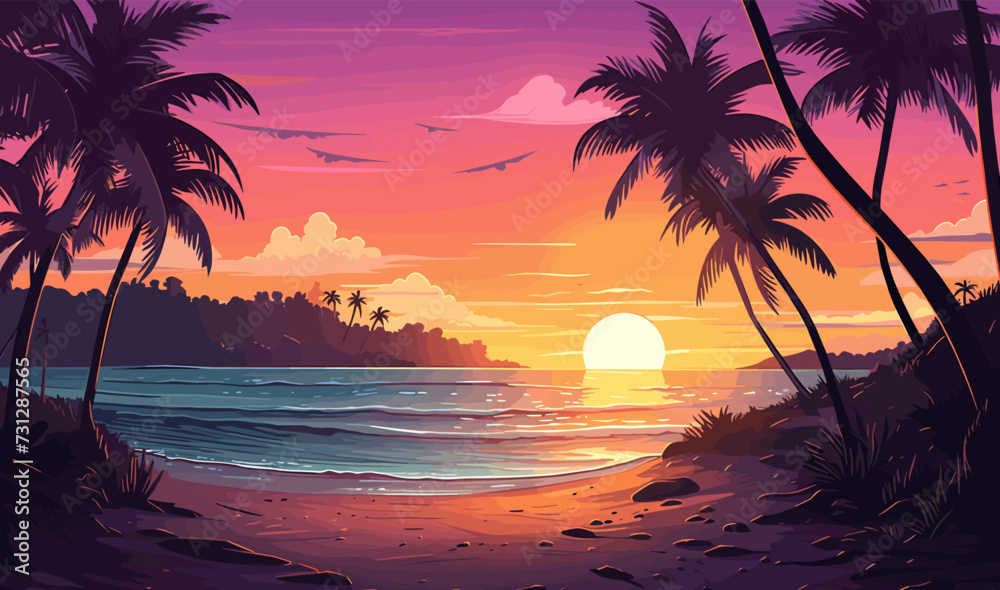 Serene Beach Sunset with Atmospheric Gradients isolated vector style illustration