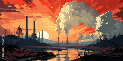 Vector illustration of a factory landscape with pipes and smoke. vector flat bright colors