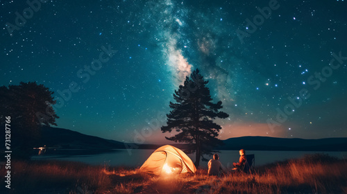A beautiful moment unfolds as a family gathers around a cozy campfire, gazing at a mesmerizing starry sky. This picture-perfect scene captures the essence of outdoor adventure and the powerf