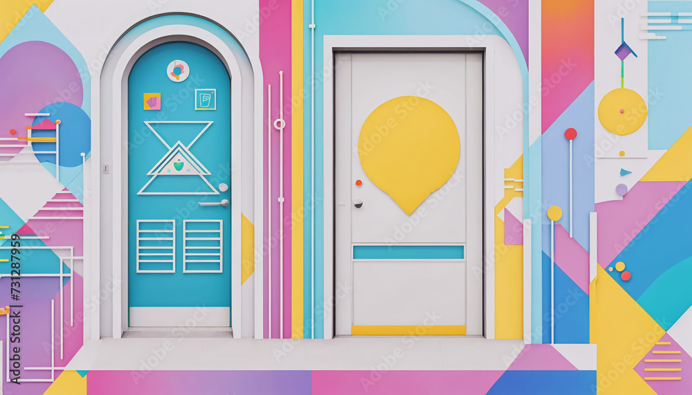Fototapeta premium Different colorful and artistically with shapes and colors designed doors in a graphically designed illustration