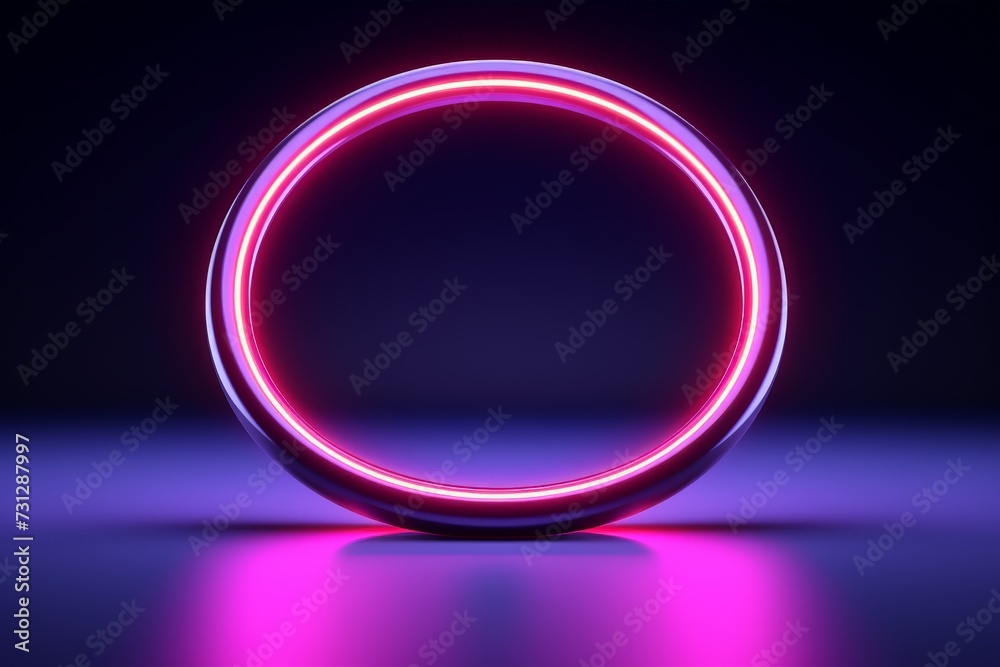 Abstract geometric background of neon linear ring glowing in the dark. Minimalist futuristic wallpaper