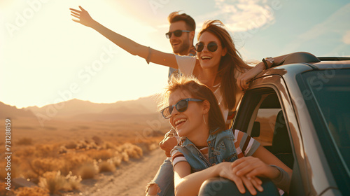 A heartfelt image capturing the essence of a family road trip, as they embark on a journey of travel, exploration, and bonding. Vibrant and joyful, this photo showcases the beauty of being t photo