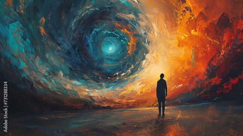 A figure surrounded by a swirling maelstrom of conflicting thoughts and emotions, struggling to find clarity amidst the chaos.