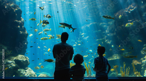 A joyful family captivated by the enchanting marine creatures at an aquarium, marveling at vibrant tropical fish and graceful sea turtles.