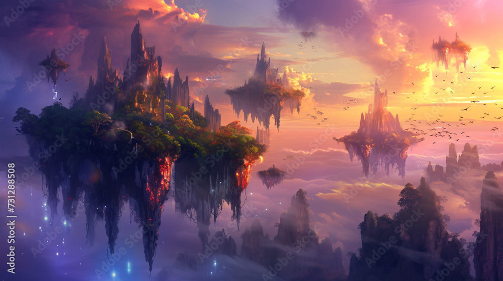 Explore a breathtaking fantasy landscape adorned with floating islands, inhabited by enchanting mystical creatures. Bathed in ethereal lighting, this mystical realm is a feast for the eyes,