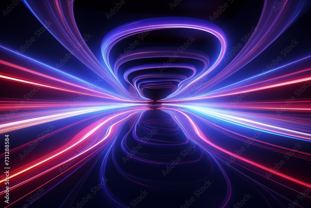 Fototapeta premium Abstract panoramic background of twisted dynamic neon lines glowing in the dark room with floor reflection. Virtual fluorescent ribbon loop. Fantastic minimalist wallpaper