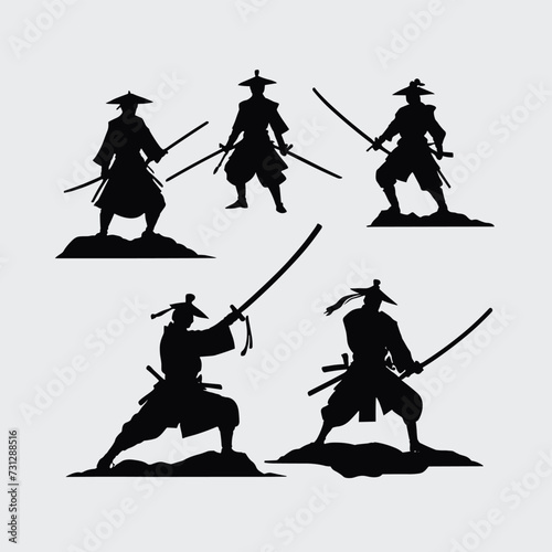 Silhouetted samurai warriors in traditional attire with swords drawn, showcasing dynamic poses and a sense of readiness on a stark white background.