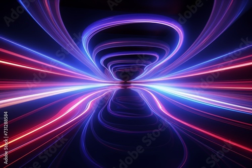 Abstract panoramic background of twisted dynamic neon lines glowing in the dark room with floor reflection. Virtual fluorescent ribbon loop. Fantastic minimalist wallpaper