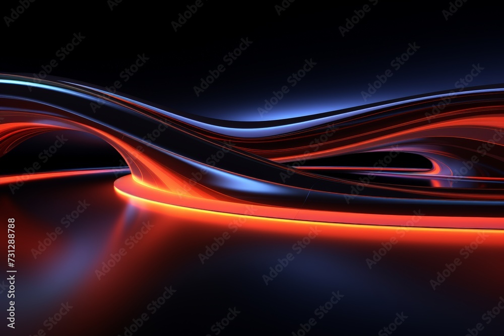 Fototapeta premium Abstract panoramic background of twisted dynamic neon lines glowing in the dark room with floor reflection. Virtual fluorescent ribbon loop. Fantastic minimalist wallpaper