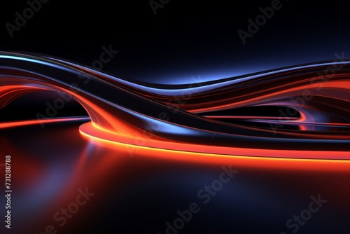 Abstract panoramic background of twisted dynamic neon lines glowing in the dark room with floor reflection. Virtual fluorescent ribbon loop. Fantastic minimalist wallpaper