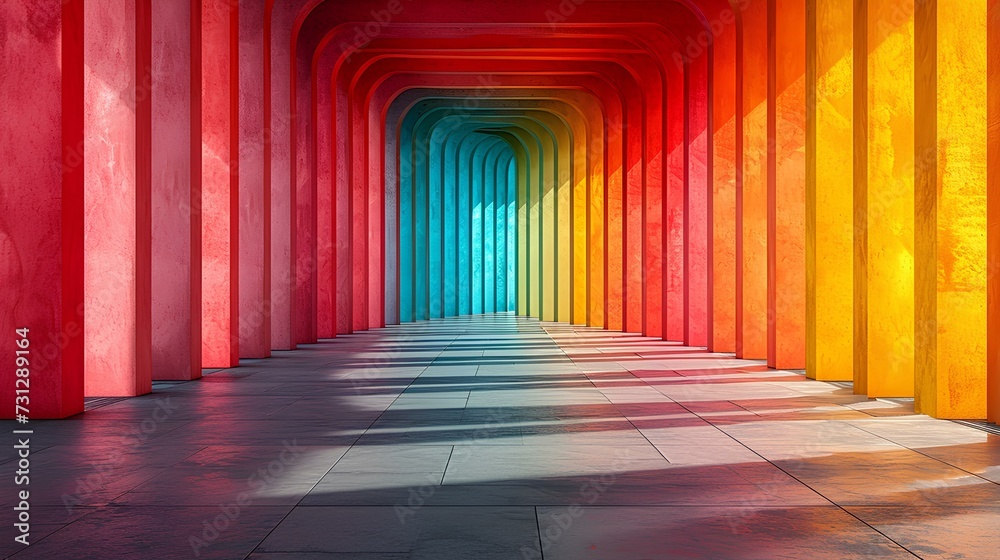 Bright artistic installations with colorful materials and lighting effects. AI generate illustration