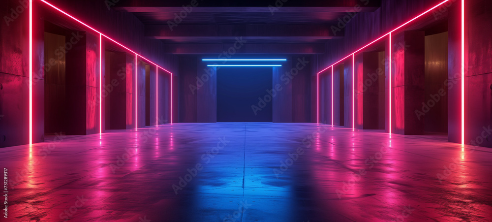 Concrete floor and wall studio room with neon light float for display products. Futuristic design of empty dark underground room