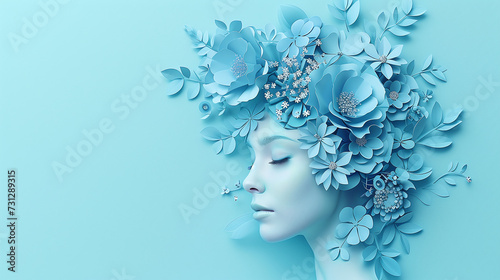 head of a woman with flowers in it, in the style of delicate paper cutouts