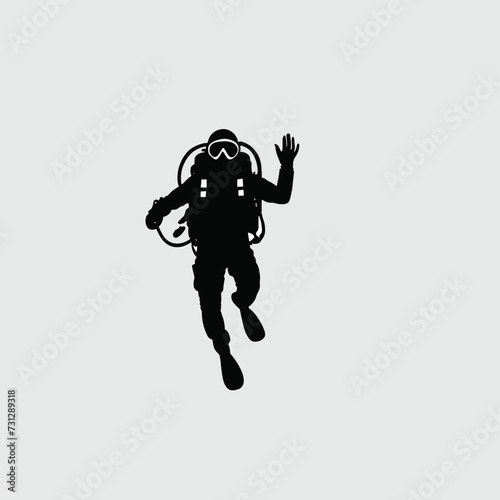 Silhouette of a scuba diver waving underwater, emphasizing exploration and adventure.