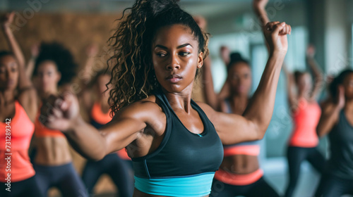 A dynamic fitness instructor passionately leading a high-energy workout class, motivating and inspiring participants to push their limits.