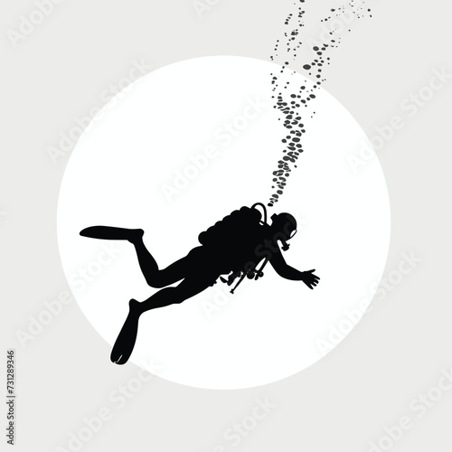 Silhouette of a scuba diver releasing bubbles while swimming, set against a circular white background, conveying a sense of exploration and tranquility.