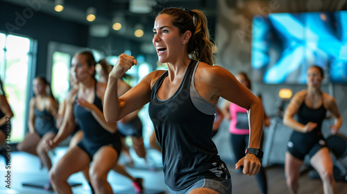 Energetic fitness instructor inspiring a dynamic workout class packed with enthusiasm and sweat-inducing moves.