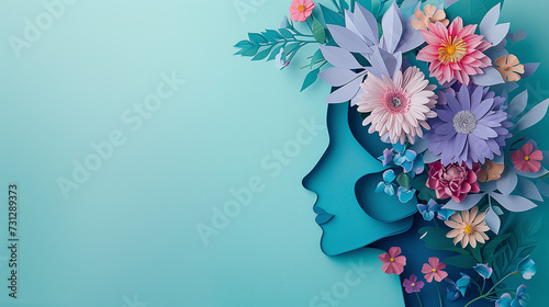 head of a woman with flowers in it, in the style of delicate paper cutouts © Oleksandr