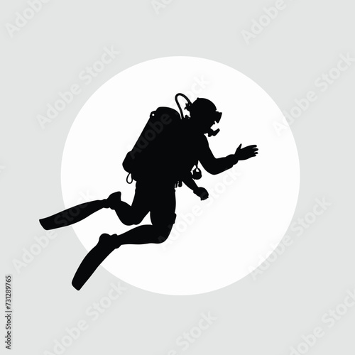 Silhouette of a scuba diver against a circular light, showcasing an underwater adventure scene in stark contrast.