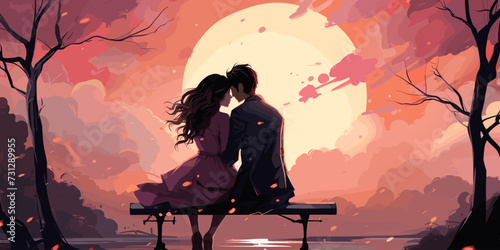 Couple sweet kissing siting on bench in park romantic scenery pastel vector illustration in concepts cute kawaii anime manga style