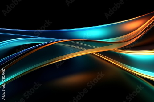 abstract geometric wallpaper of colorful neon ribbon, yellow green blue glowing lines isolated on black background.	