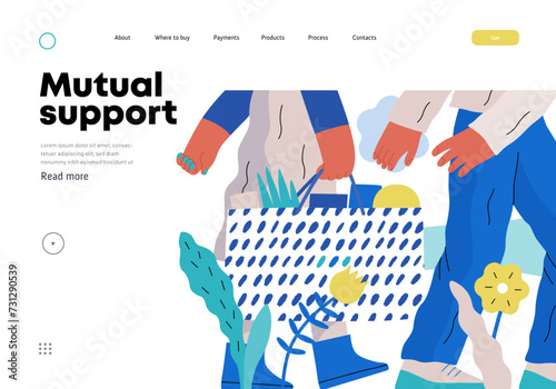 Mutual Support: Helping carry a heavy bag -modern flat vector concept illustration of a woman carrying shopping bag being assisted by man. Metaphor of voluntary, collaborative exchanges of services