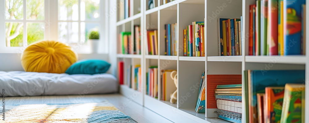 white wooden bookshelves in children's room, children's books - obrazy, fototapety, plakaty 