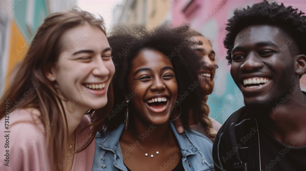 A vibrant group of diverse friends, from different ethnicities and backgrounds, joyfully sharing laughter and camaraderie in a bustling urban environment. This captivating image celebrates c