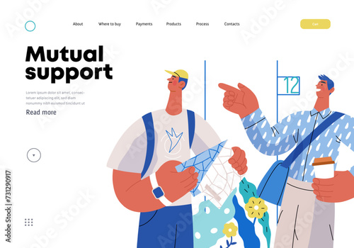 Mutual Support: Directing a passerby -modern flat vector concept illustration of man pointing the way to a tourist. A metaphor of voluntary, collaborative exchanges of resource, services