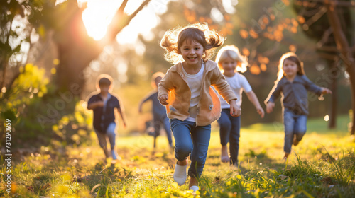 A heartwarming moment frozen in time as a lively group of children enjoy carefree play in a sunlit park, radiating sheer innocence and boundless joy. photo