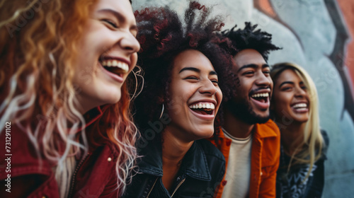 A vibrant group of diverse friends, from different ethnicities and backgrounds, joyfully sharing laughter and camaraderie in a bustling urban environment. This captivating image celebrates c © Nijat
