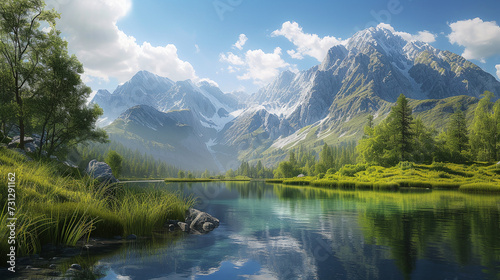 Lush, vibrant Earth environment, forest, body of water, mountains, environmental protection