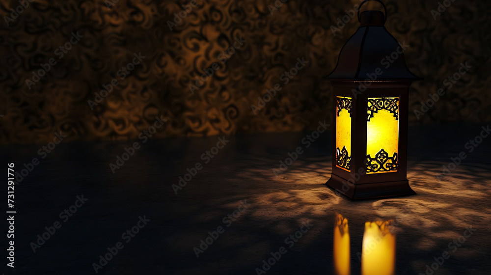 A decorative lantern in the dark. An old yellow lamp is mirrored in the floor - obrazy, fototapety, plakaty 