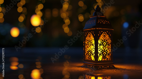 A decorative lantern in the dark. An old yellow lamp is mirrored in the floor