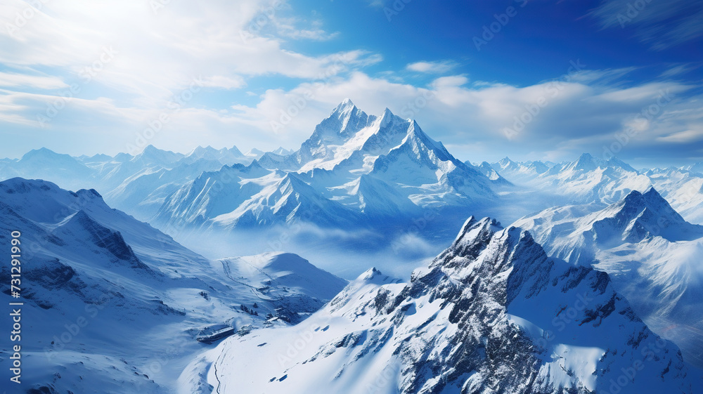 Aerial view of the peaks of snow-capped mountains. Generated by artificial intelligence