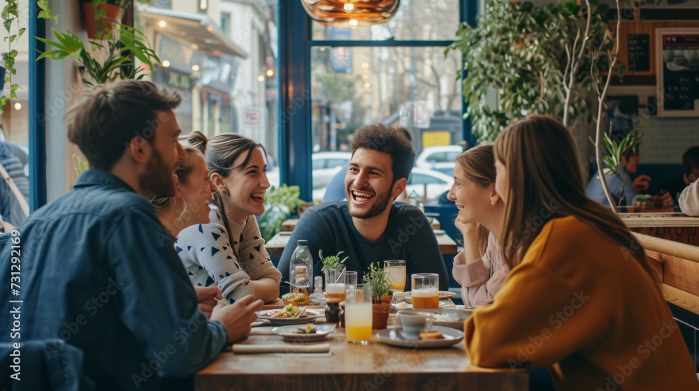 A diverse group of friends enjoy a delightful Sunday brunch at a bustling cafÃ©, savoring delicious food and engaging in lively conversations. The atmosphere is vibrant and filled with joy, c