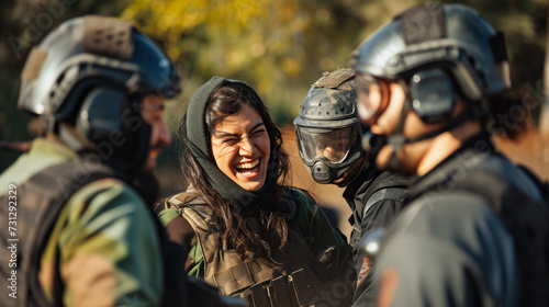 A dynamic group of friends partake in an exhilarating paintball match, their faces glowing with excitement as they strategize and share laughter.