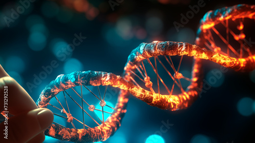 Future of genetics unfolds as human hand holds glowing DNA strand, life's intricate blueprint